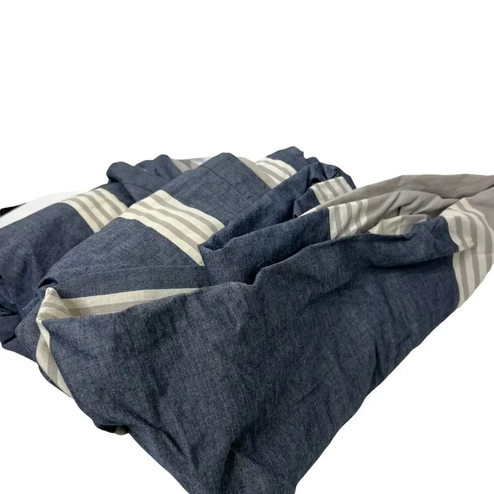 Pottery Barn‎ Duvet Cover Beachstone Slate Blue Cream Stripe F/Q Cotton 90
